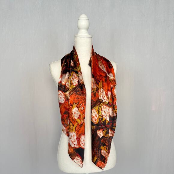 Orange Abstract Floral Tree Satin Square Scarf, 35x35" - Picture 2 of 5
